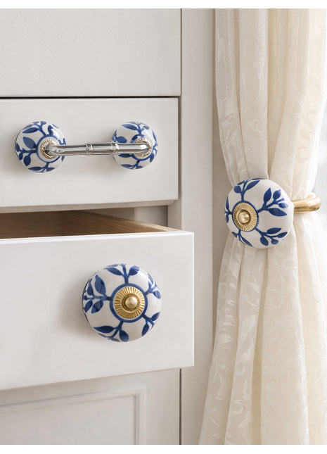 Blue Design Ceramic Knob, Curtain Tie & Pull Bundle