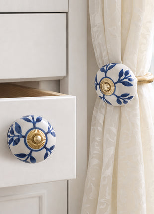 Blue Design Ceramic Drawer Cabinet Knob & Curtain Tie Bundle