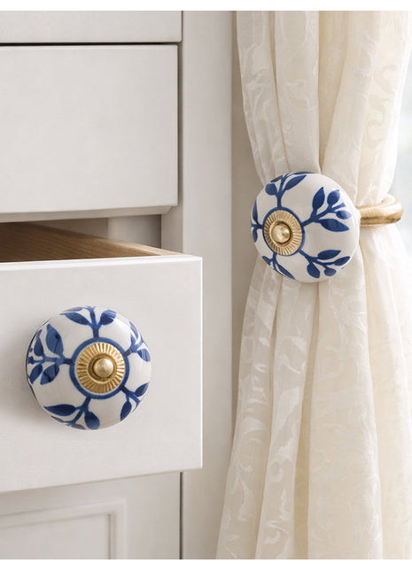 Blue Design Ceramic Drawer Cabinet Knob & Curtain Tie Bundle