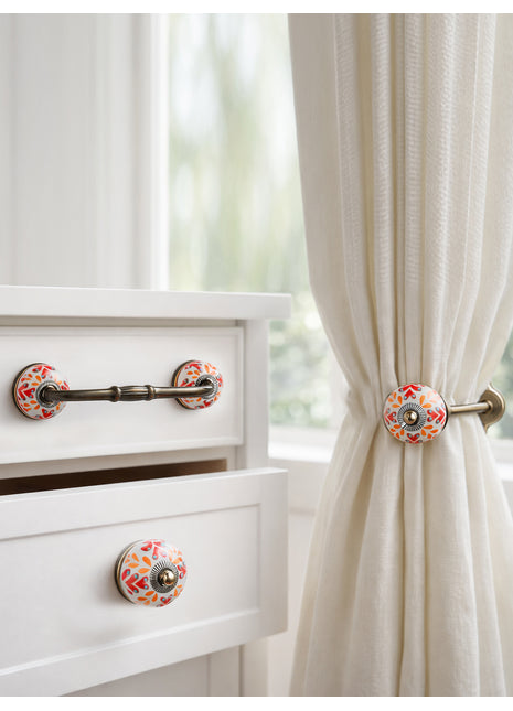 Red And Orange Design Ceramic Knob, Curtain Tie & Pull Bundle
