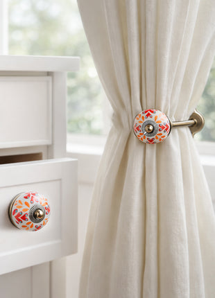 Red And Orange Design Ceramic Drawer Cabinet Knob & Curtain Tie Bundle