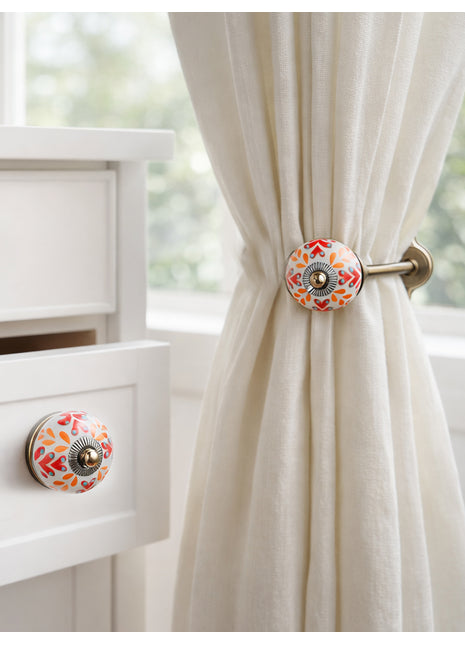 Red And Orange Design Ceramic Drawer Cabinet Knob & Curtain Tie Bundle