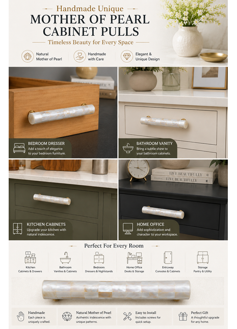 Beautiful Mother of Pearl Cabinet Pulls, Pulls for Drawers, Cabinet Hardware - Round Shape Handle