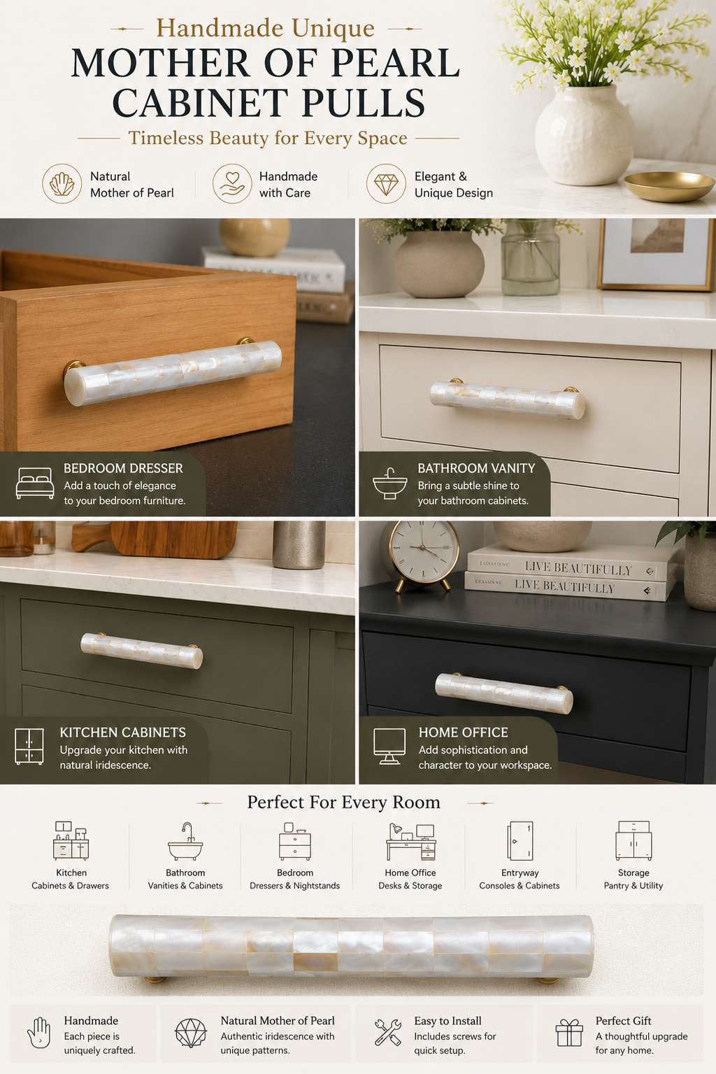 Beautiful Mother of Pearl Cabinet Pulls, Pulls for Drawers, Cabinet Hardware