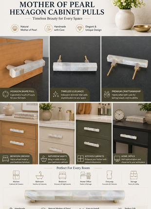 Unique Mother of Pearl Cabinet Pulls, Pulls for Drawers, Cabinet Hardware - Hexagon Shape Pull