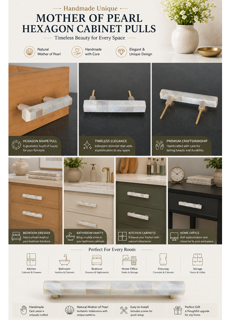 Unique Mother of Pearl Cabinet Pulls, Pulls for Drawers, Cabinet Hardware - Hexagon Shape Pull