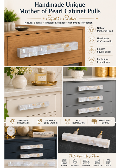 Unique Mother of Pearl Cabinet Pulls, Pulls for Drawers, Cabinet Hardware - Square Shape
