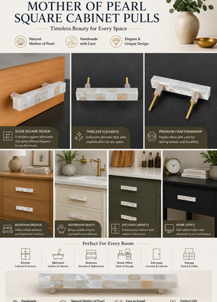 Unique Mother of Pearl Cabinet Pulls, Pulls for Drawers, Cabinet Hardware - Square Shape Pull