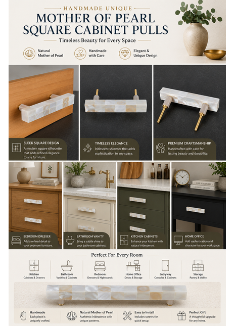 Unique Mother of Pearl Cabinet Pulls, Pulls for Drawers, Cabinet Hardware - Square Shape Pull