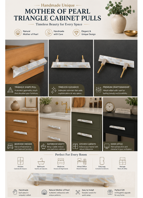 Unique Mother of Pearl Cabinet Pulls, Pulls for Drawers, Cabinet Hardware - Triangle Shape Pull