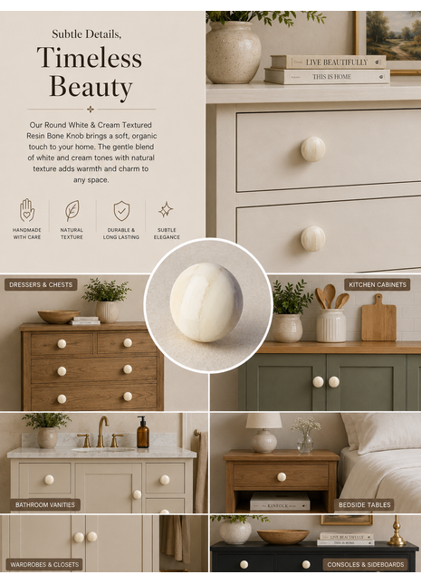 Round White And Cream Textured Resin Bone Cupboard Knob