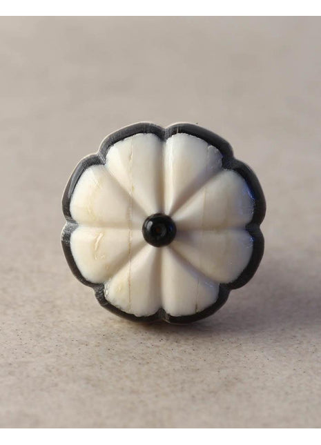 Vintage White Floral Resin Bone Drawer Cabinet Knob Black Border