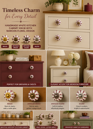 White Kitchen Cabinet Knob With Maroon Floral Design