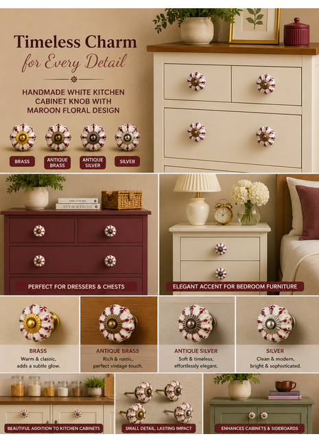 White Kitchen Cabinet Knob With Maroon Floral Design