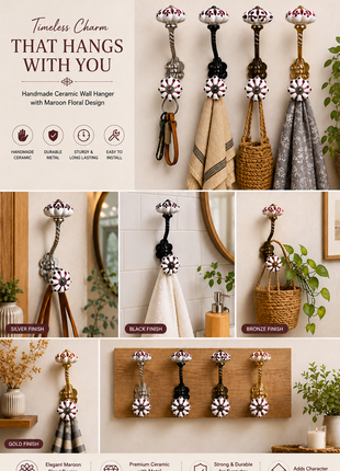 White Kitchen Cabinet Knob With Maroon Floral Design with Metal Wall Hanger