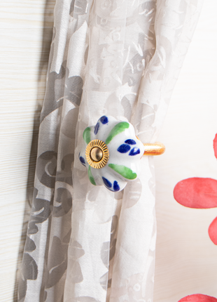 Handmade Green & Blue Ceramic Knob, Curtain Tie & Pull Bundle