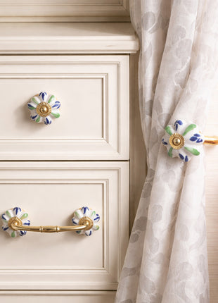 Handmade Green & Blue Ceramic Knob, Curtain Tie & Pull Bundle