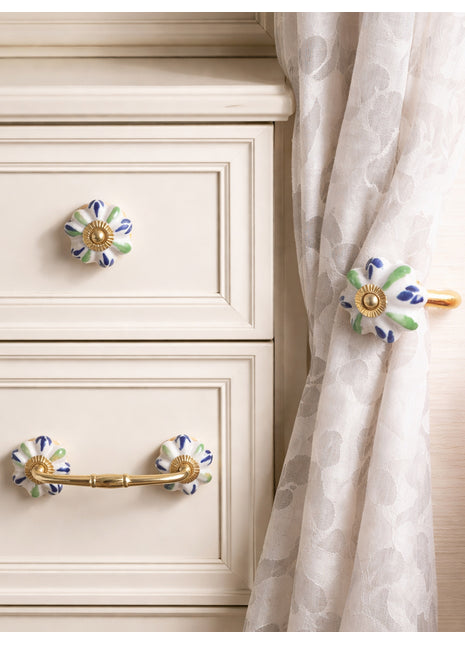 Handmade Green & Blue Ceramic Knob, Curtain Tie & Pull Bundle