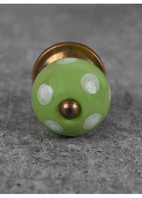 Green Round Knob With Hand Painted White Polka Dots