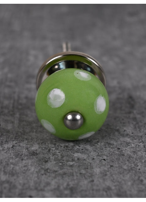 Green Round Knob With Hand Painted White Polka Dots