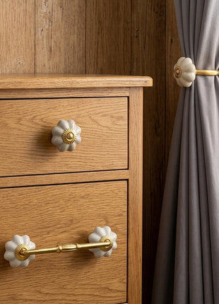 Handmade Cream Color Ceramic Knob, Curtain Tie & Pull Bundle