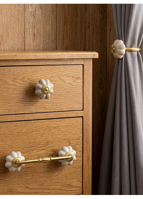 Handmade Cream Color Ceramic Knob, Curtain Tie & Pull Bundle