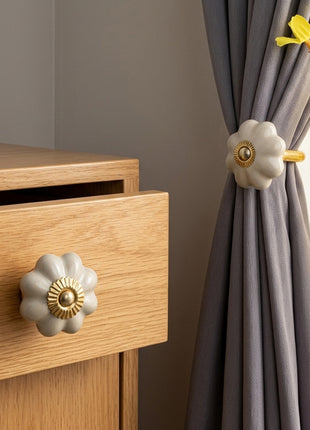 Handmade Cream Color Ceramic Drawer Cabinet Knob & Curtain Tie Bundle