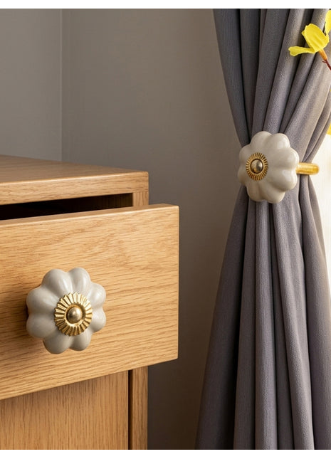 Handmade Cream Color Ceramic Drawer Cabinet Knob & Curtain Tie Bundle
