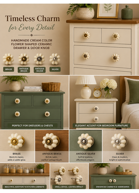 Cream Color Handmade Flower Shaped Ceramic Drawer Knob