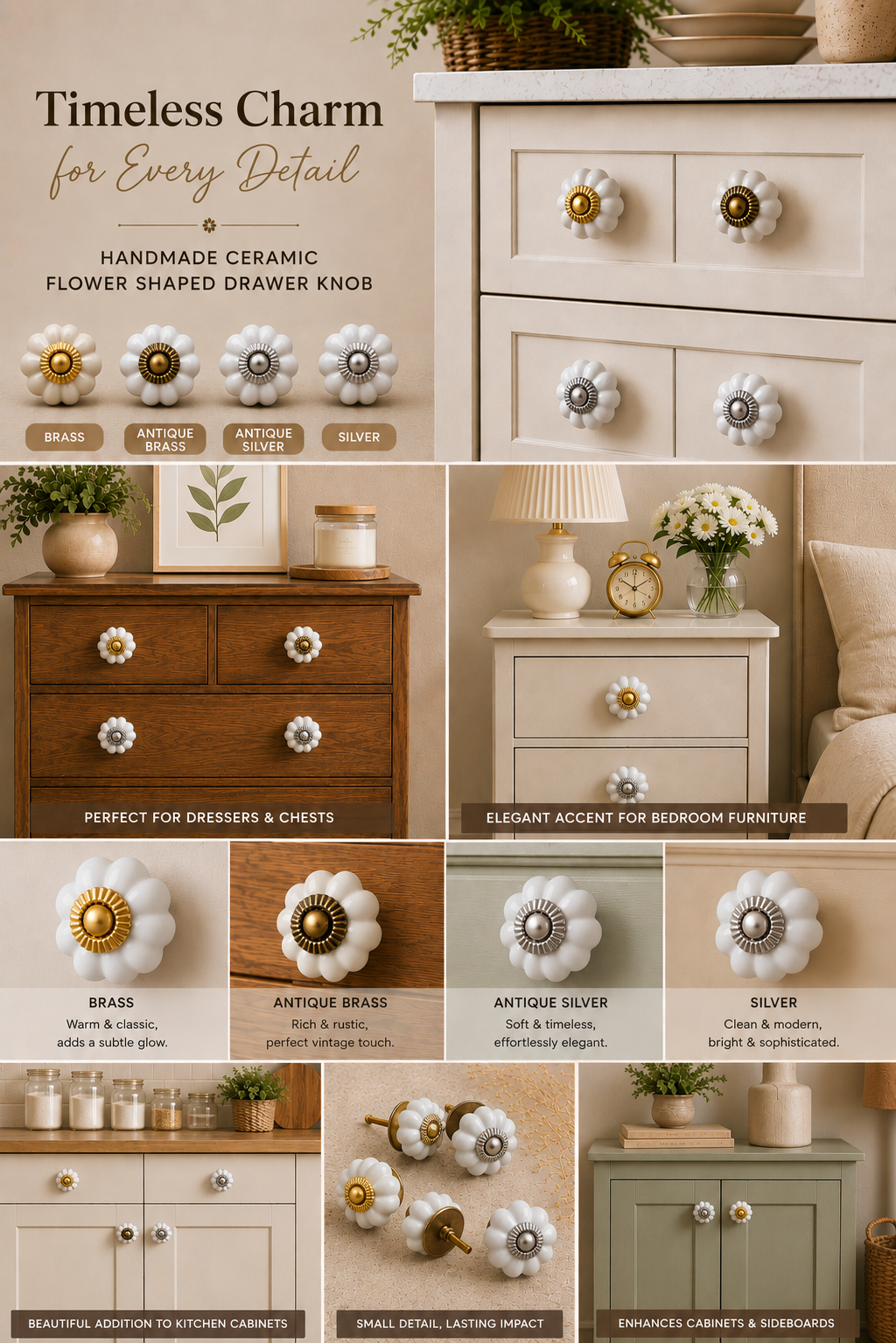 succulent drawer knobs White Flower Shaped Dresser Cabinet Knob Silver