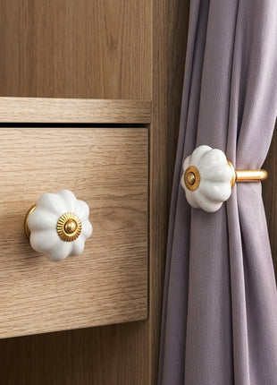 Handmade White Color Ceramic Drawer Cabinet Knob & Curtain Tie Bundle