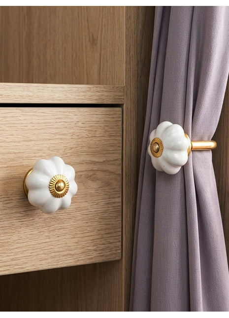 Handmade White Color Ceramic Drawer Cabinet Knob & Curtain Tie Bundle