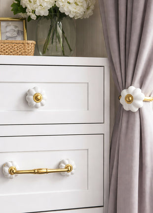 Handmade White Color Ceramic Drawer Cabinet Knob, Pull & Curtain Tie Bundle