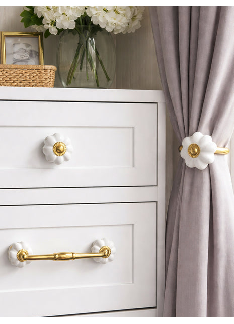 Handmade White Color Ceramic Drawer Cabinet Knob, Pull & Curtain Tie Bundle