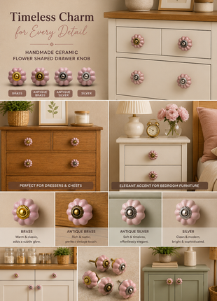Solid Pink Flower Shape Ceramic Cabinet Knob