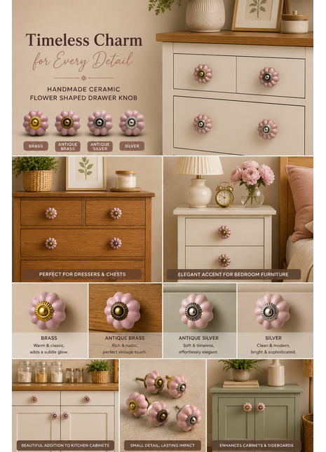 Solid Pink Flower Shape Ceramic Cabinet Knob