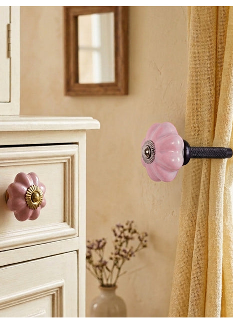 Handmade Solid Pink Ceramic Drawer Cabinet Knob & Curtain Tie Bundle