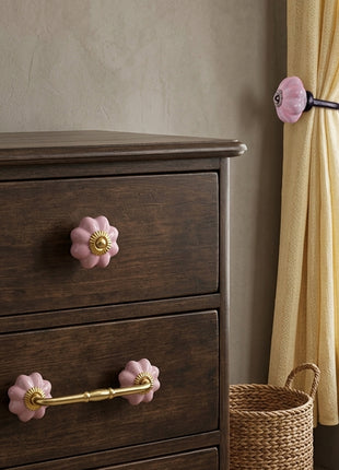 Handmade Solid Pink Color Ceramic Knob, Curtain Tie & Pull Bundle