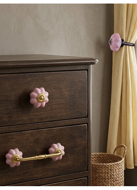 Handmade Solid Pink Color Ceramic Knob, Curtain Tie & Pull Bundle