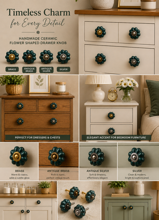 Dark Green Flower Shaped Ceramic Drawer Knob