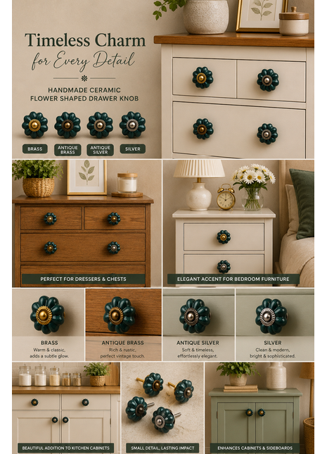 Dark Green Flower Shaped Ceramic Drawer Knob
