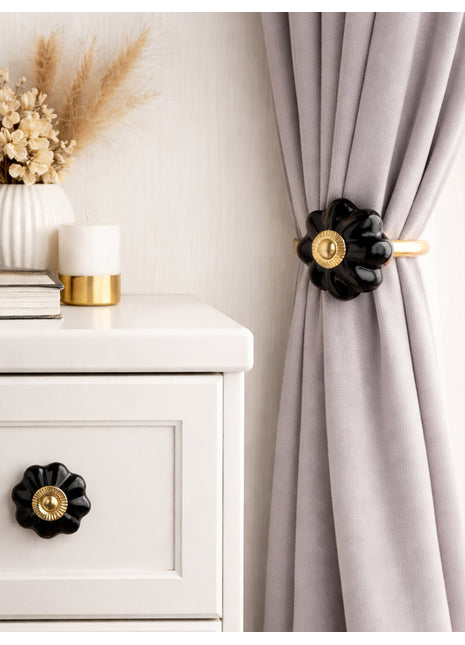 Black Ceramic Drawer Cabinet Knob & Curtain Tie Bundle
