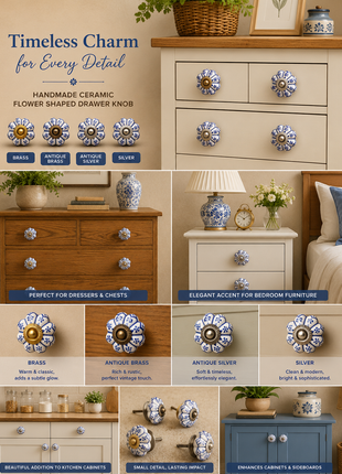 Flower Shaped White And Blue Designer Ceramic Cabinet Knob