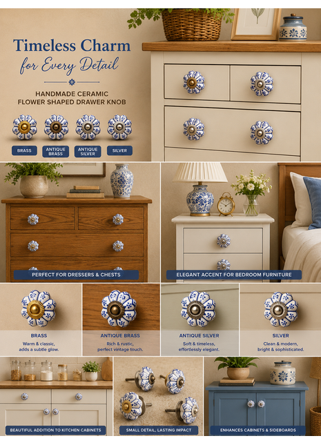 Flower Shaped White And Blue Designer Ceramic Cabinet Knob