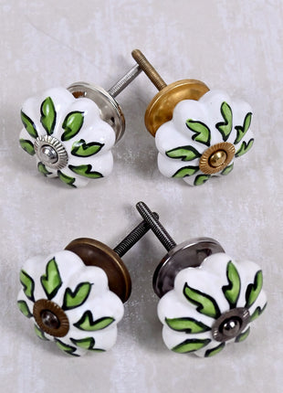Green Leaf On White Ceramic Door Knob