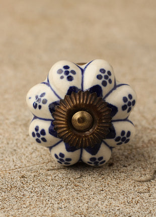 Flower Shaped Blue Designe on White Ceramic Cabinet Knob