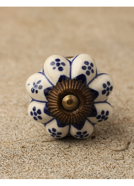 Flower Shaped Blue Designe on White Ceramic Cabinet Knob