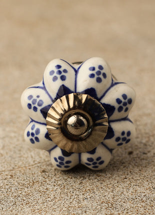 Flower Shaped Blue Designe on White Ceramic Cabinet Knob