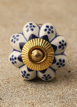 Flower Shaped Blue Designe on White Ceramic Cabinet Knob