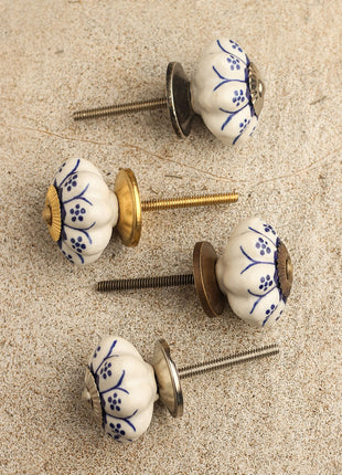 Flower Shaped Blue Designe on White Ceramic Cabinet Knob